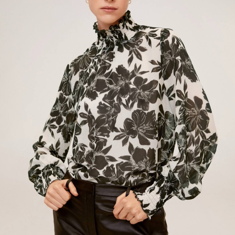 Black & ecru (off-white) floral printed smocked neck and cuff blouse